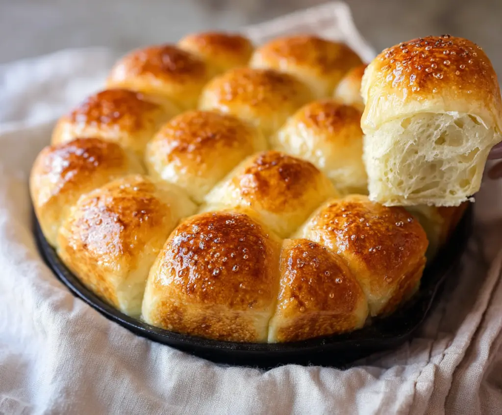 Soft and fluffy pull-apart sourdough dinner rolls served on a rustic wooden table.