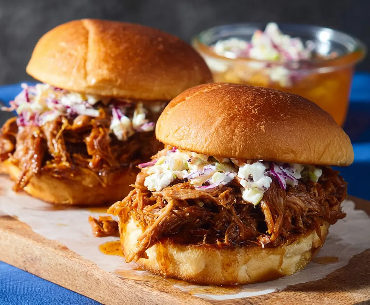 Delicious pulled pork sandwiches with fluffy buns and tangy barbecue sauce on a wooden platter.