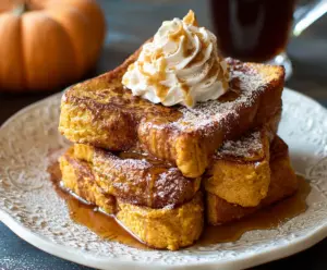 Delicious pumpkin French toast topped with powdered sugar and cinnamon for a perfect breakfast.
