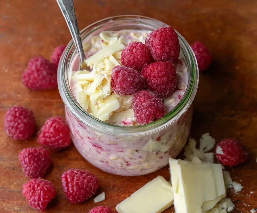 Delicious Raspberry White Chocolate Overnight Oats in a glass jar for a nutritious breakfast.