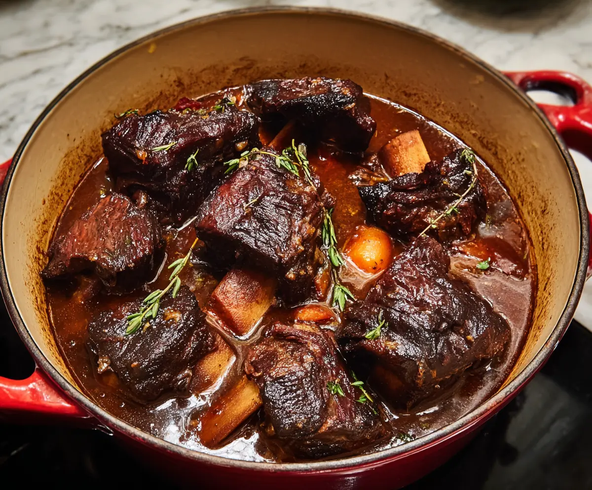 Juicy red wine braised short ribs served with mashed potatoes and fresh herbs on a rustic plate.