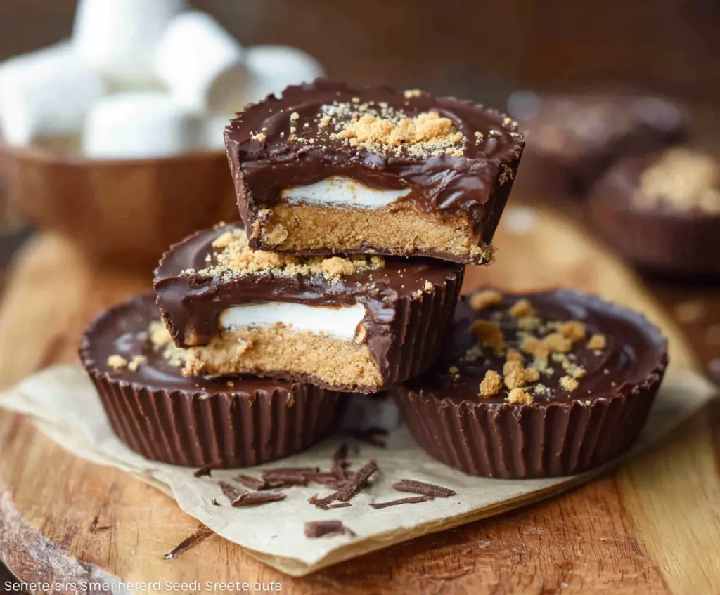 Delicious S'mores Peanut Butter Cups with melting chocolate, toasted marshmallows, and creamy peanut butter.