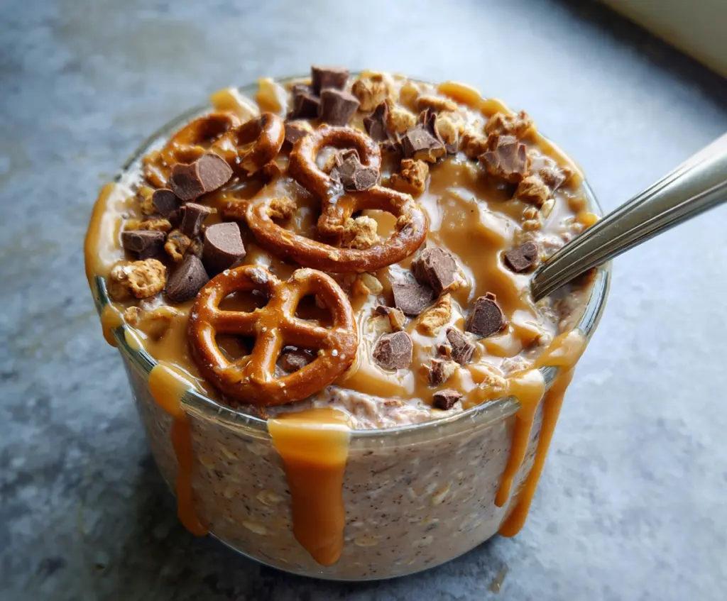 Delicious salted caramel pretzel overnight oats served in a glass jar showcasing a sweet and salty breakfast.