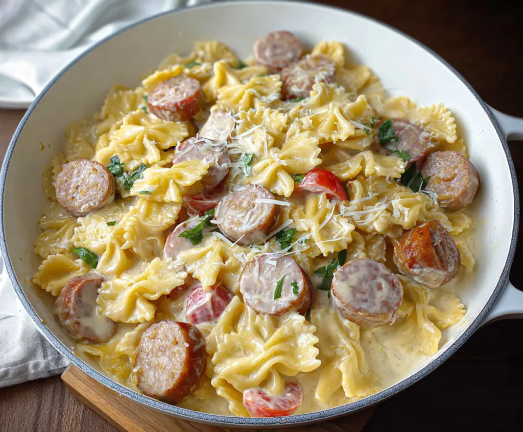 Delicious sausage Alfredo pasta served on a white plate with creamy sauce and herbs