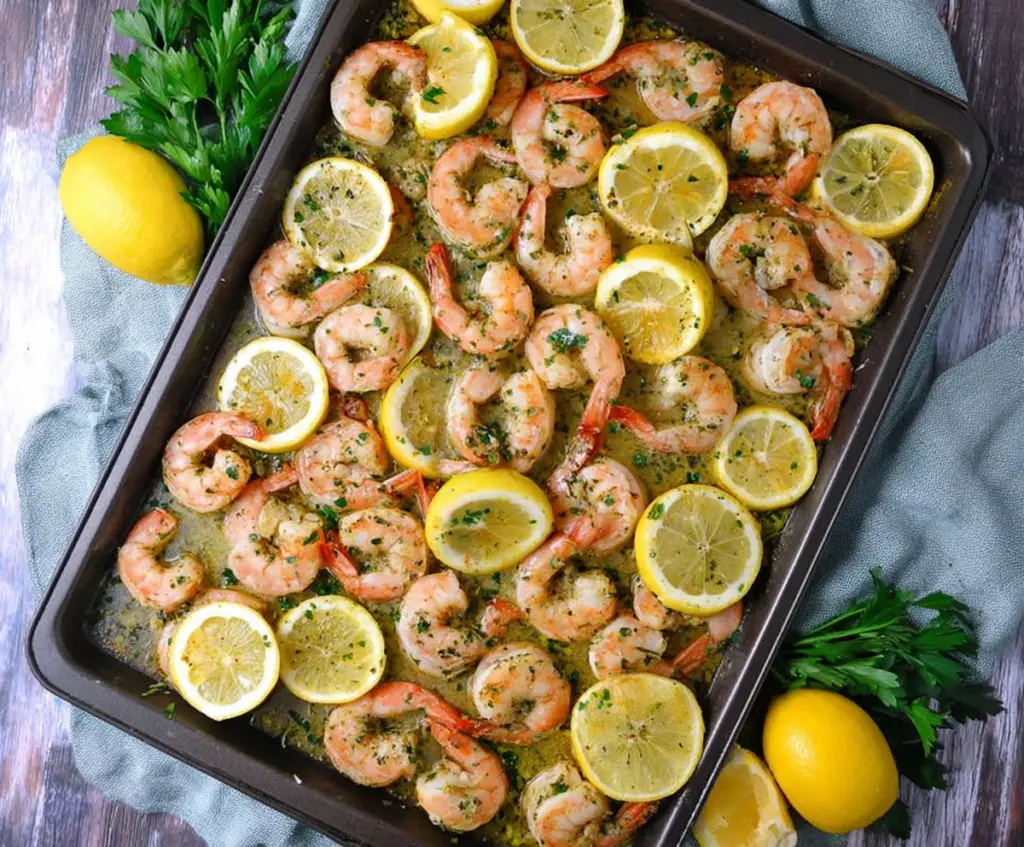 Delicious Sheet Pan Lemon Herb Shrimp served on a white plate with fresh herbs and lemon slices.