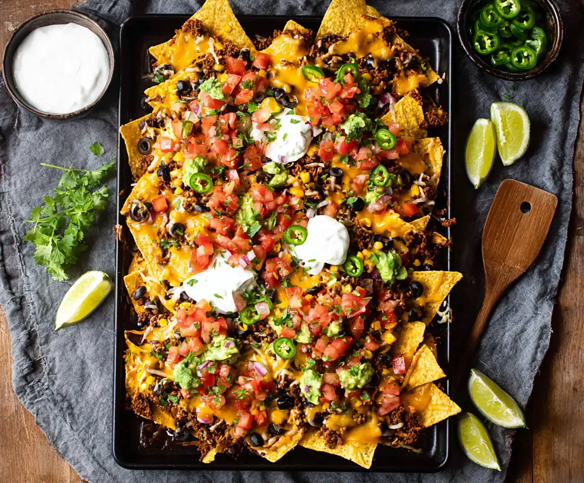 Delicious sheet pan nachos topped with melted cheese, jalapenos, and fresh toppings on a rustic baking sheet.