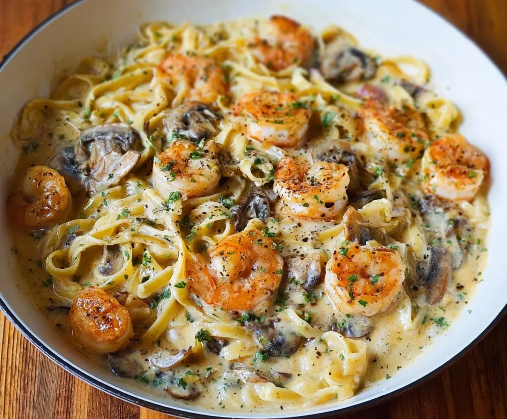 Creamy shrimp Alfredo pasta with mushrooms and Parmesan cheese