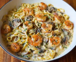 Creamy shrimp Alfredo pasta with mushrooms and Parmesan cheese
