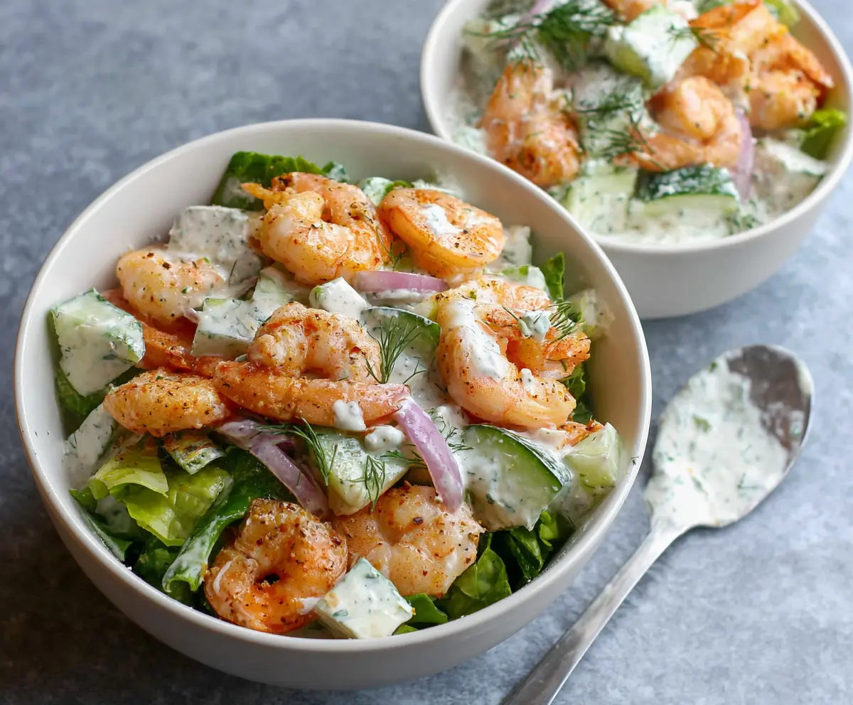 Delicious shrimp salad with creamy yogurt dressing, perfect for a healthy meal.
