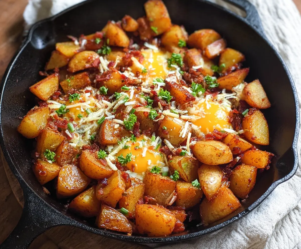 Crispy skillet breakfast potatoes served with herbs and seasonings on a rustic plate