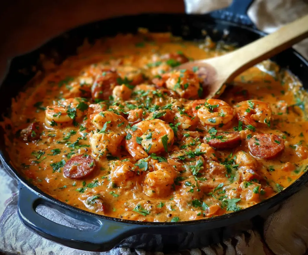 Savory smothered shrimp and sausage served on a plate with fresh herbs