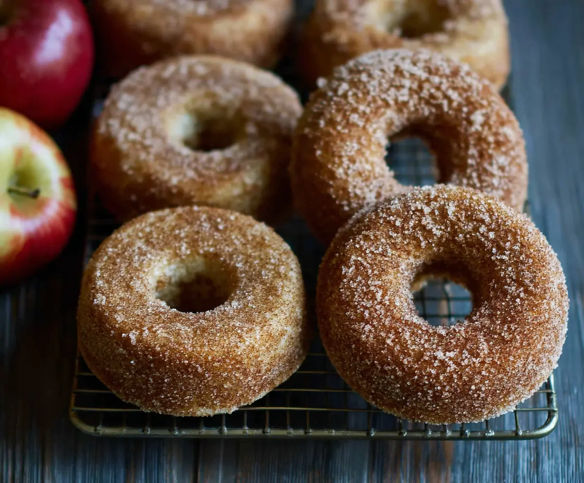Golden sourdough apple cider donuts on a rustic plate with a dusting of powdered sugar, perfect for breakfast or a snack.