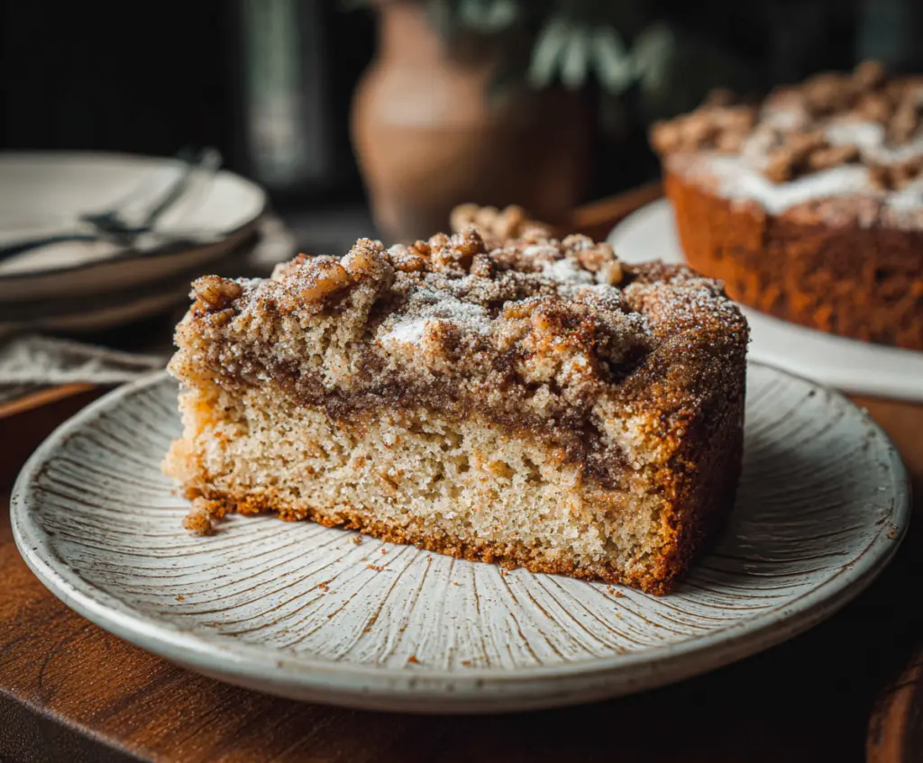 Delicious homemade sourdough breakfast cake served with fresh berries and a drizzle of honey.