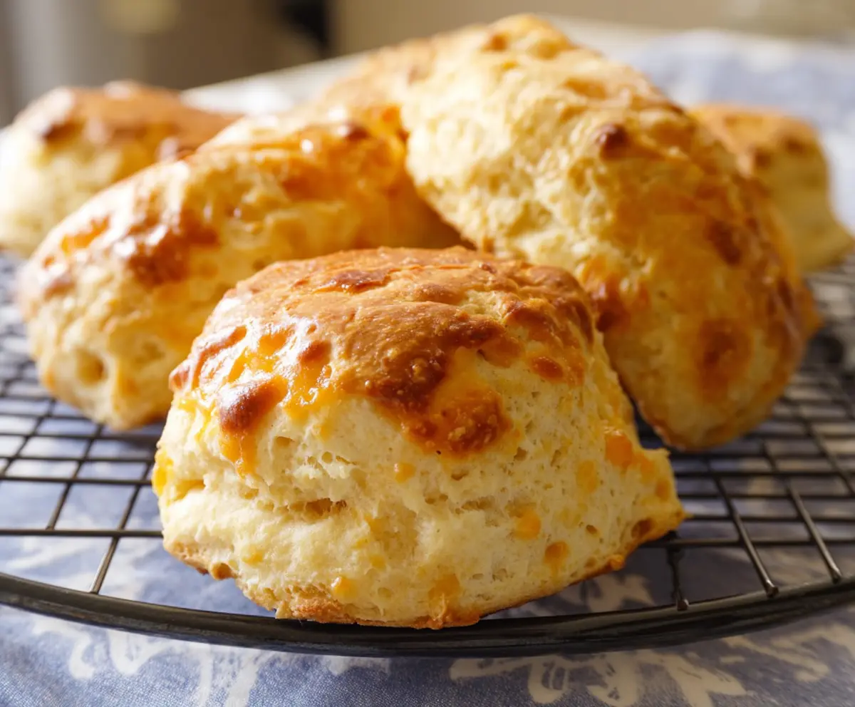 Golden sourdough cheese scones fresh out of the oven, showcasing crispy crust and melty cheese topping.