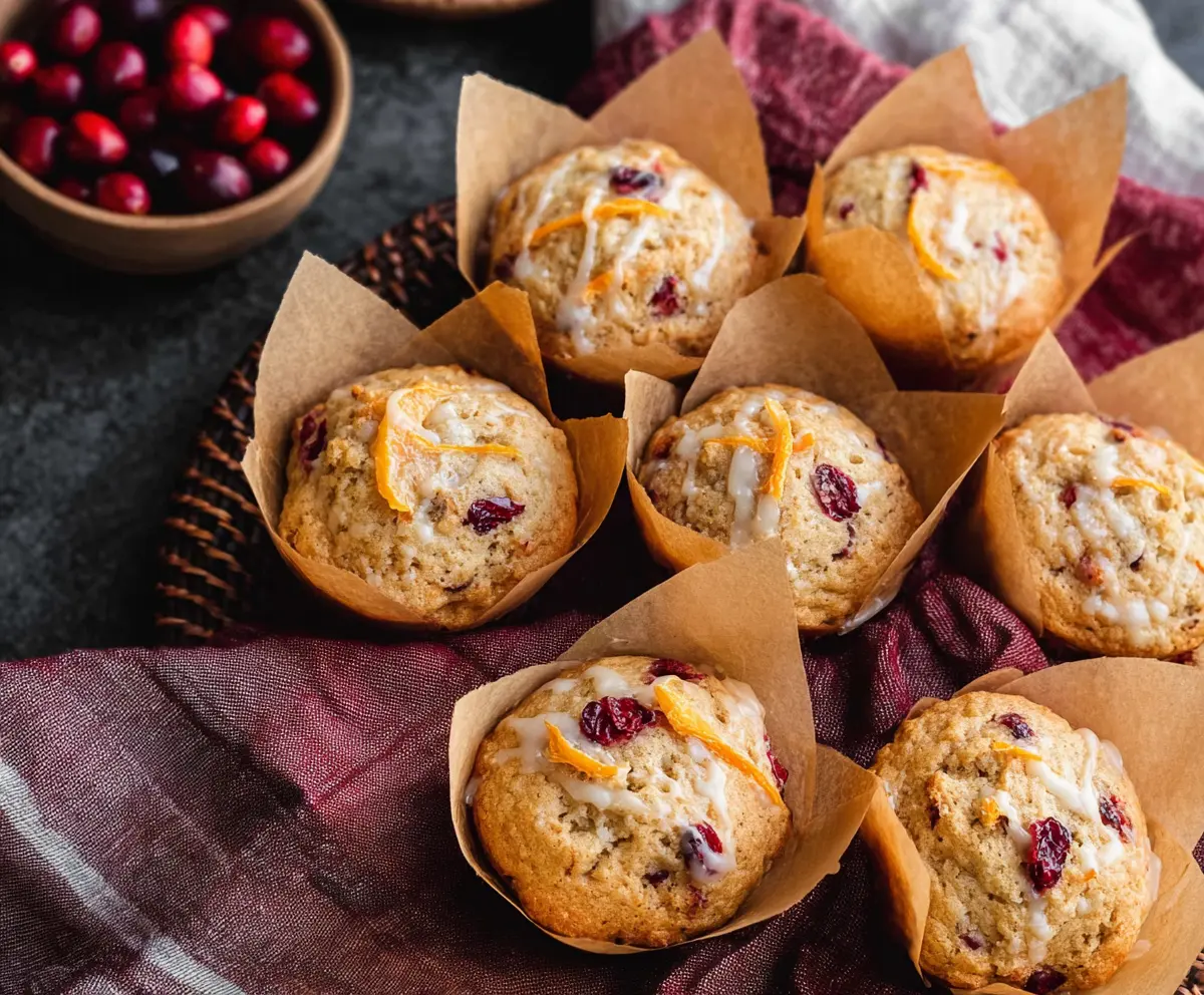 Delicious sourdough cranberry orange muffins fresh out of the oven showcasing a golden crust.