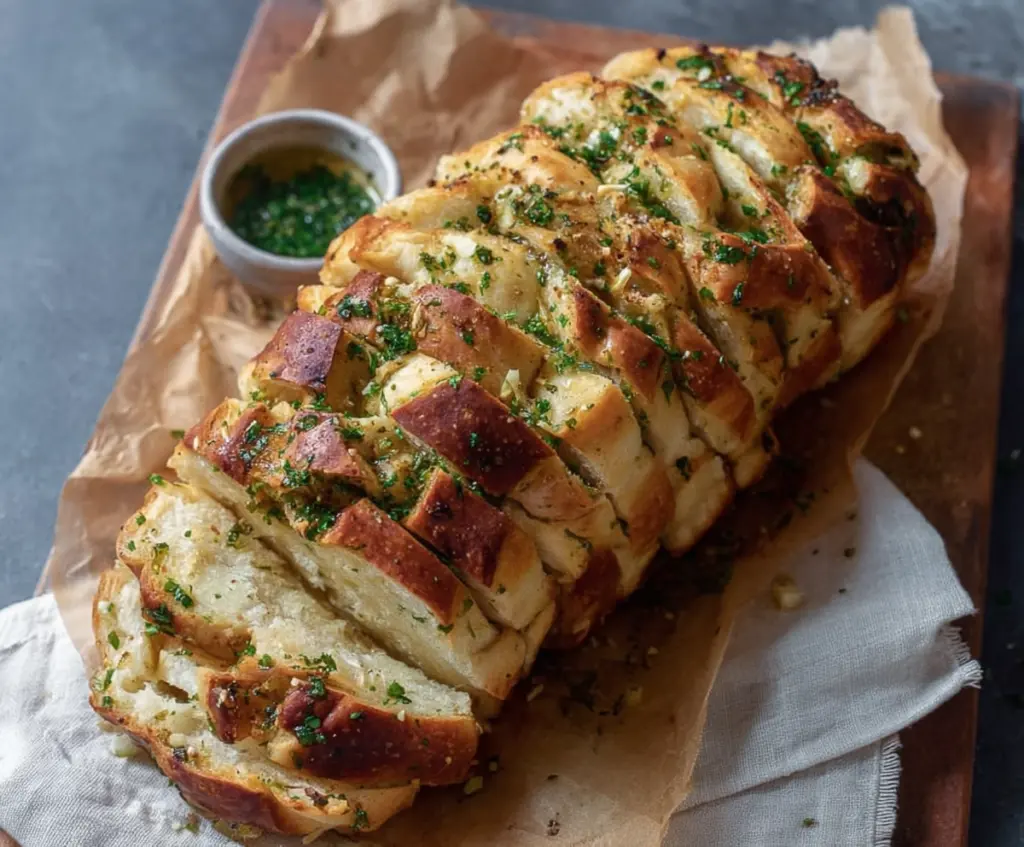 Delicious sourdough discard garlic pull apart bread cooling on a wire rack.