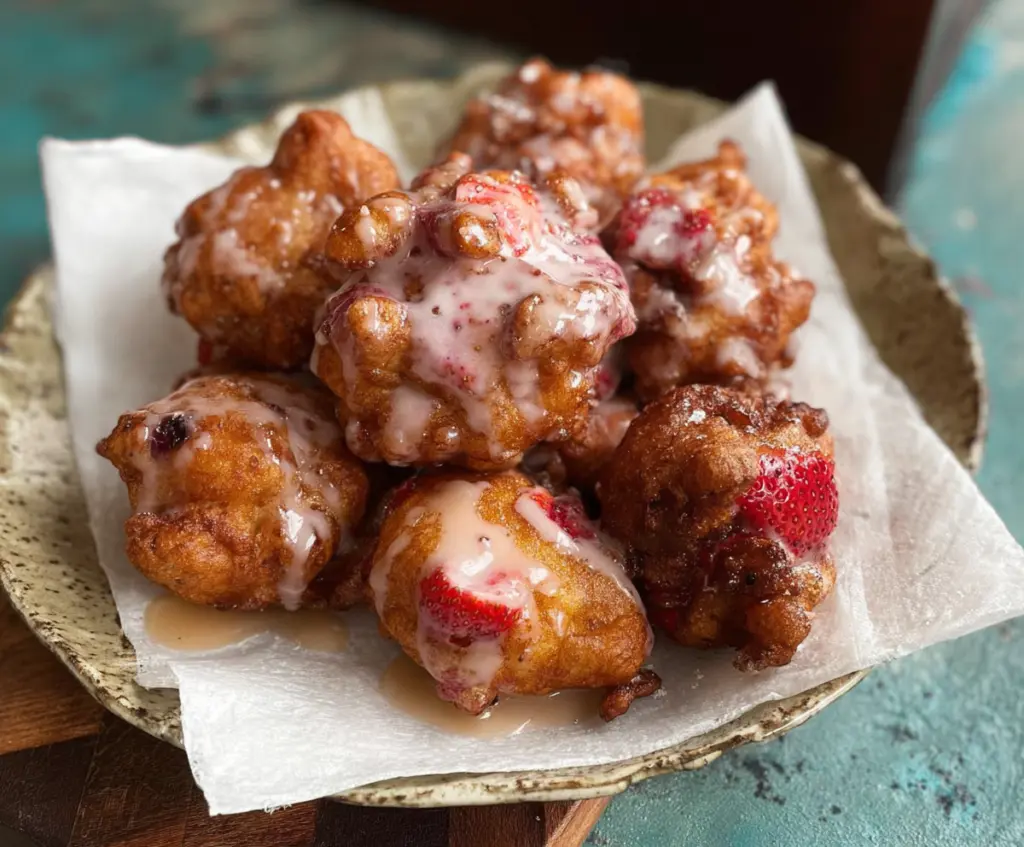 Delicious homemade sourdough discard strawberry fritters crispy golden and dusted with powdered sugar