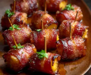 Delicious Spicy Brown Sugar Bacon Wrapped Pineapple Bites on a platter, perfect for appetizers and parties.