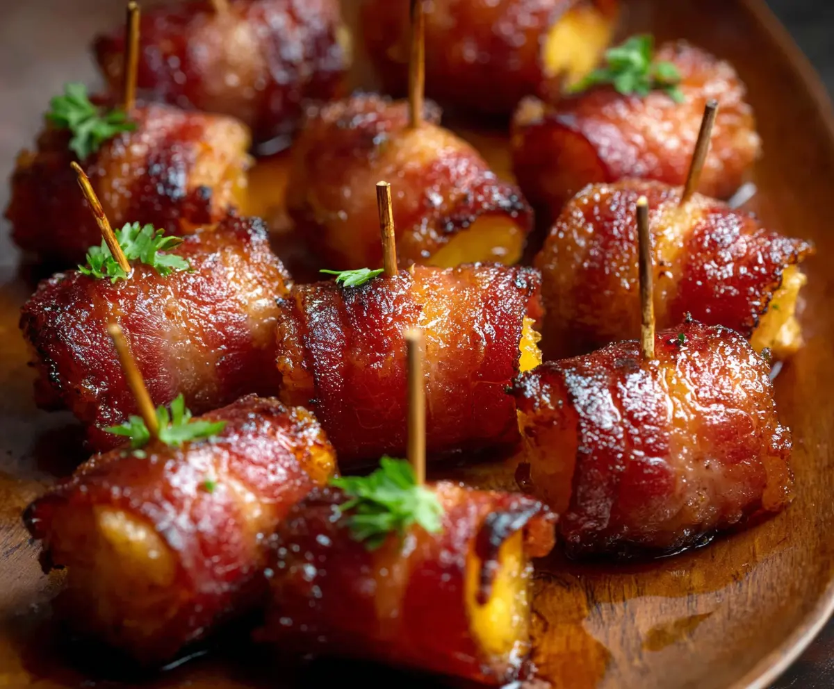 Delicious Spicy Brown Sugar Bacon Wrapped Pineapple Bites on a platter, perfect for appetizers and parties.