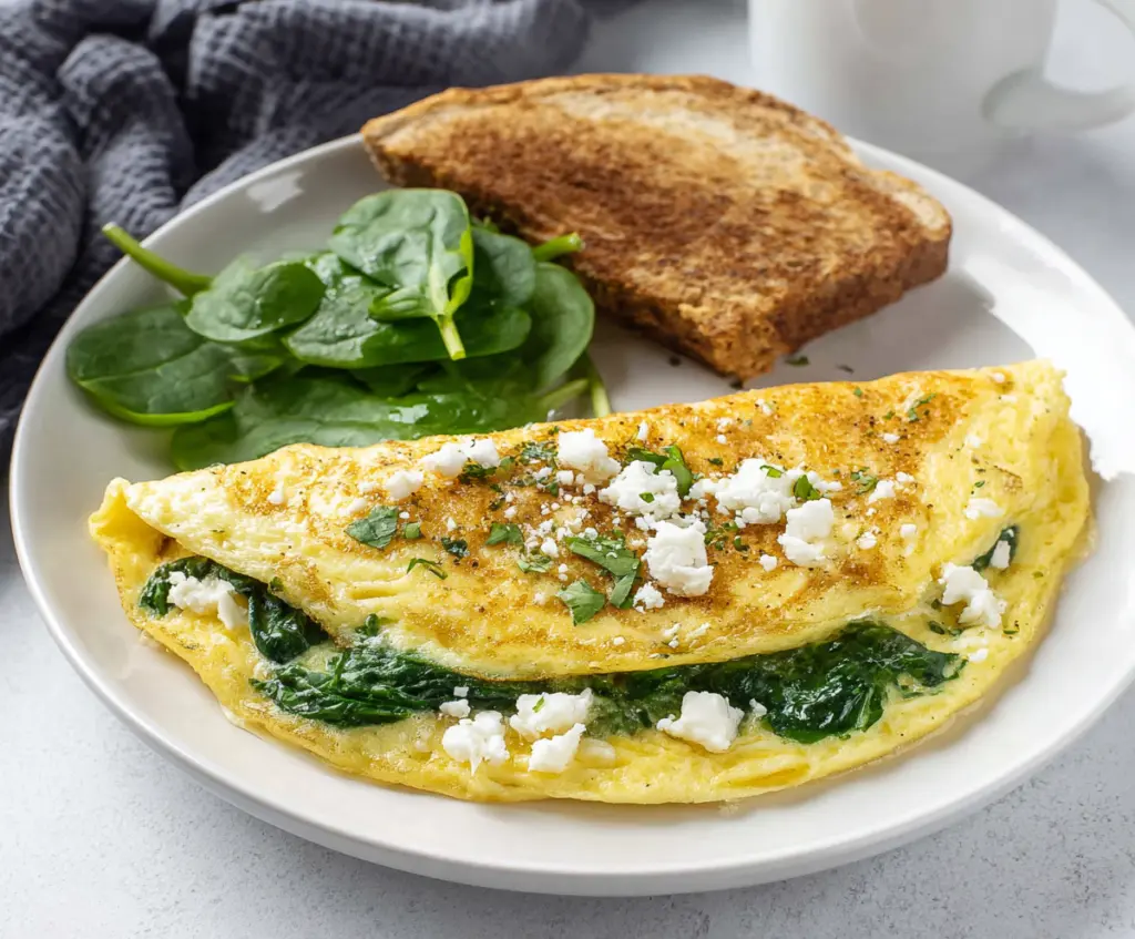 Delicious spinach and feta omelet garnished with fresh herbs on a white plate.
