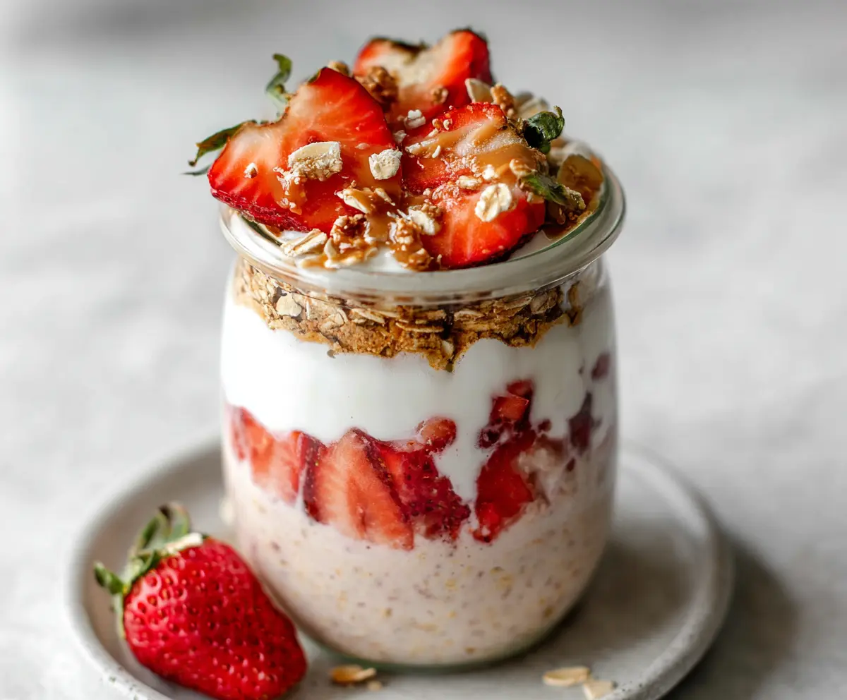 Delicious strawberry cheesecake overnight oats in a glass jar topped with fresh strawberries and a sprig of mint.