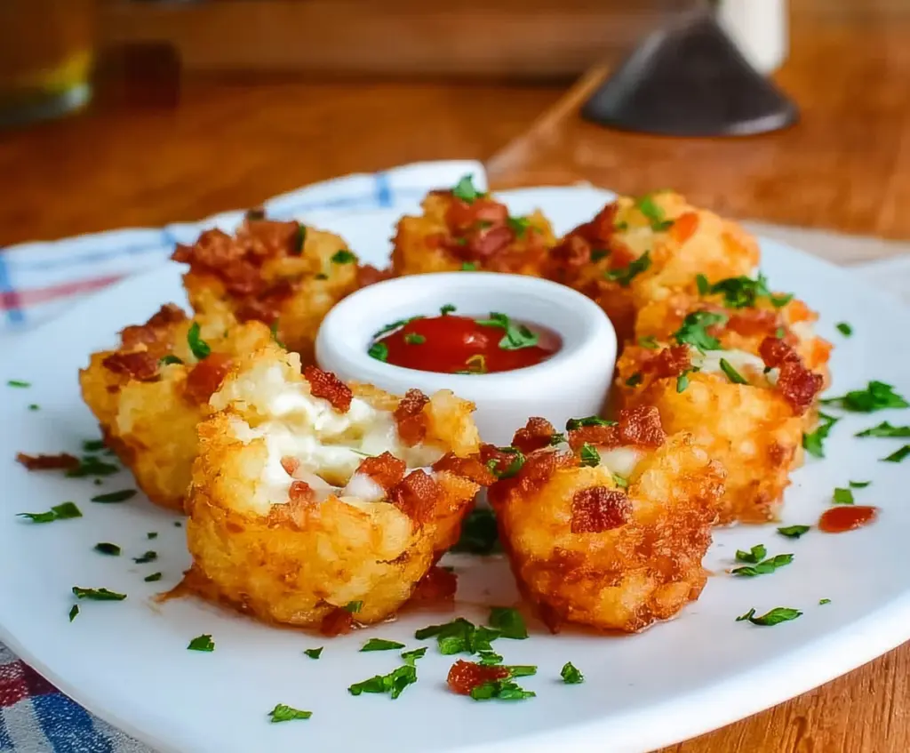 Crispy Tater Tot Bites served with dipping sauce on a platter.