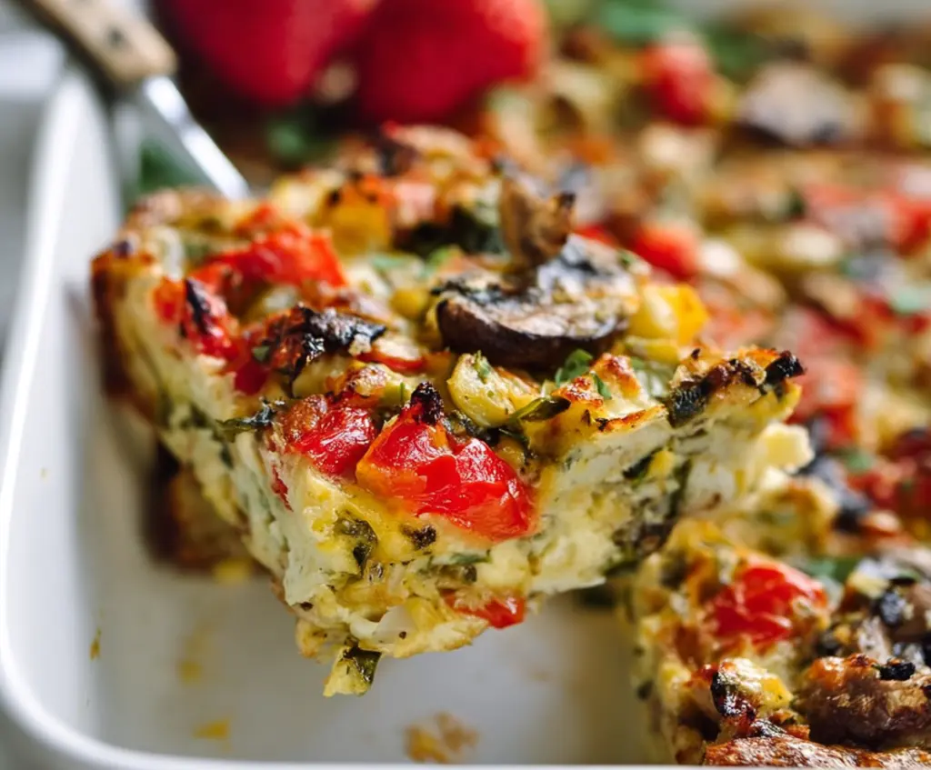 Delicious Veggie-Packed Breakfast Casserole with fresh vegetables and crispy toppings.