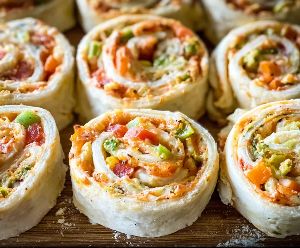 Delicious veggie pizza pinwheels with colorful vegetables and melted cheese, perfect for snacks or parties.