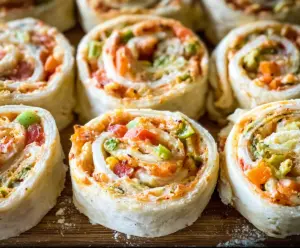 Delicious veggie pizza pinwheels with colorful vegetables and melted cheese, perfect for snacks or parties.