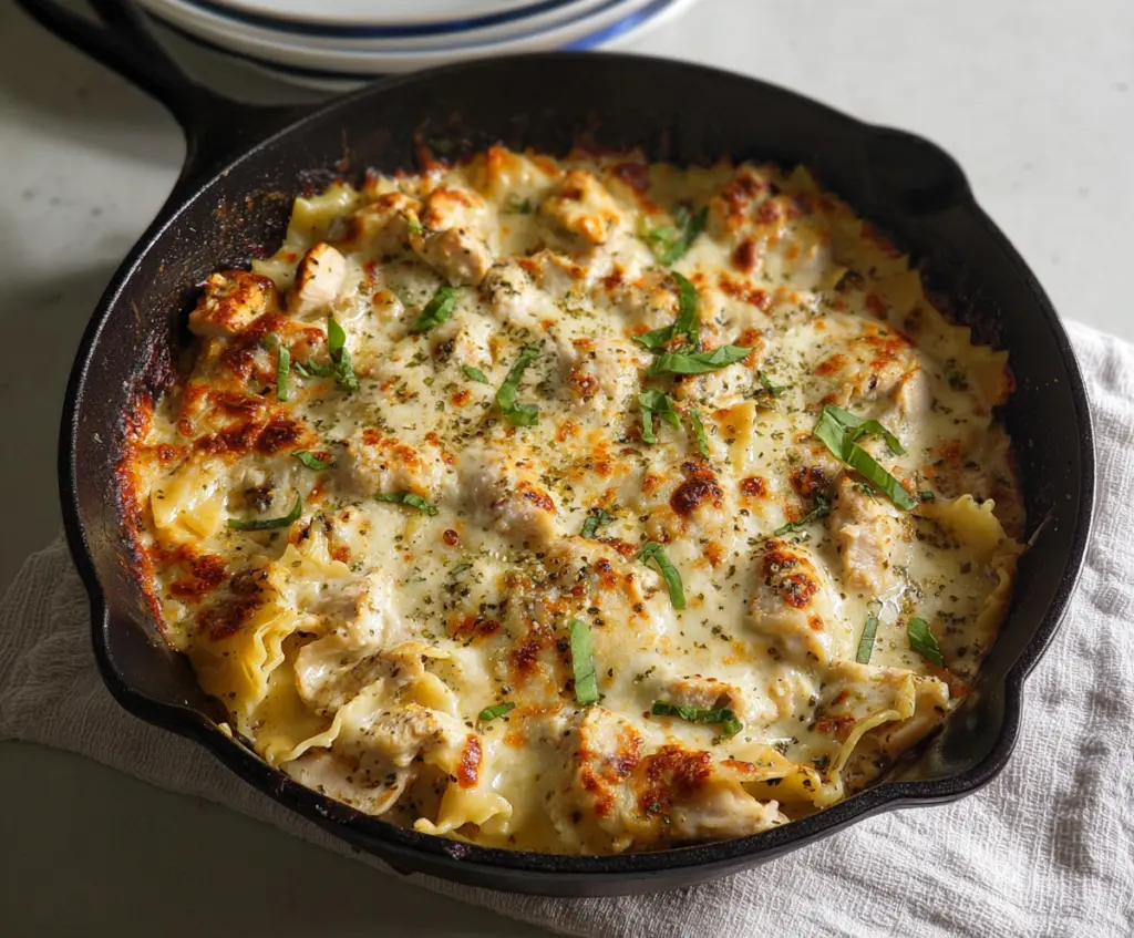 Delicious white chicken skillet lasagna garnished with fresh herbs, served in a skillet.
