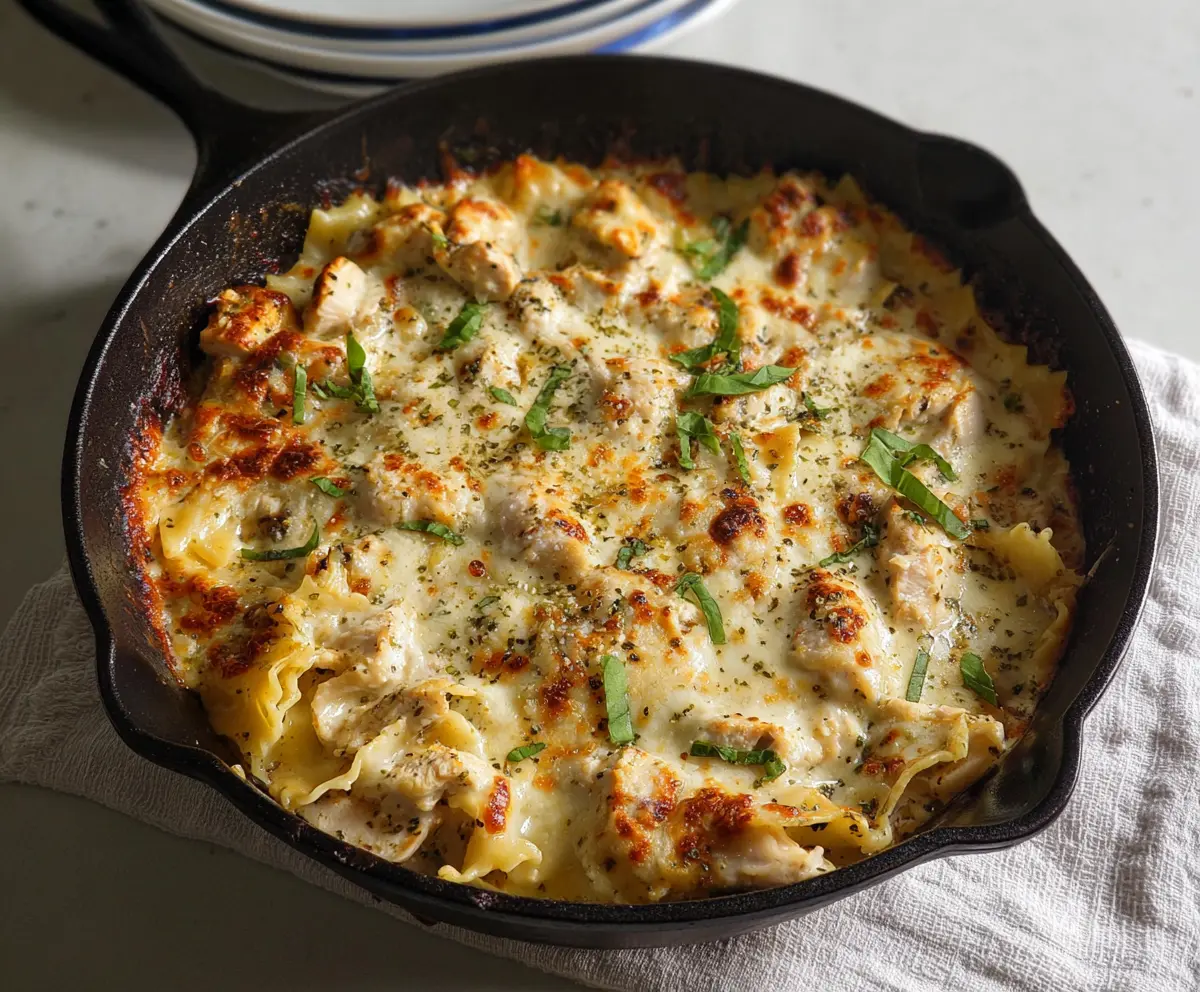 Delicious white chicken skillet lasagna garnished with fresh herbs, served in a skillet.