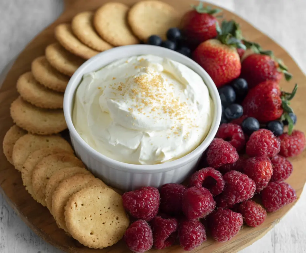 Creamy 3 Ingredient Cheesecake Dip served with fresh strawberries and graham crackers.
