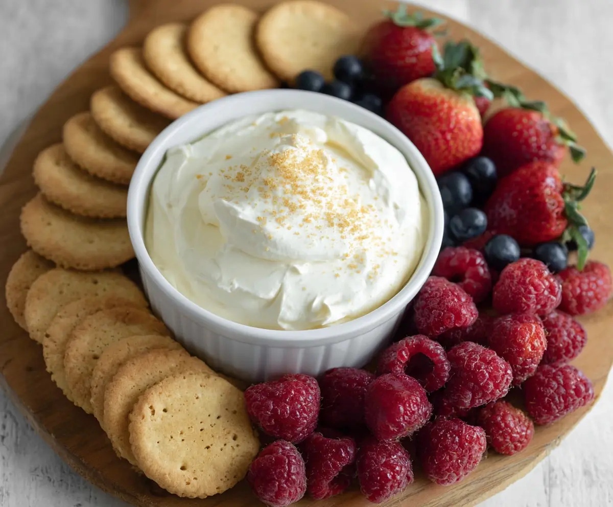 Creamy 3 Ingredient Cheesecake Dip served with fresh strawberries and graham crackers.
