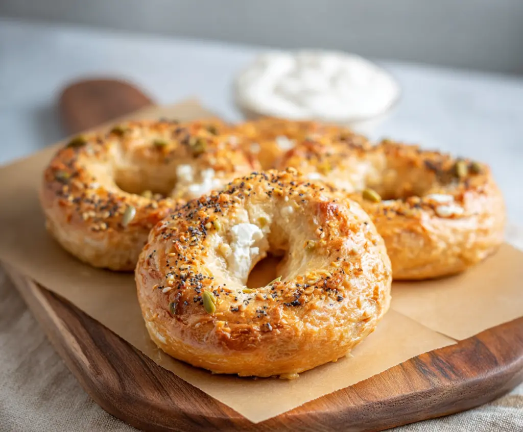 Healthy 3-ingredient Greek Yogurt Bagels on a baking sheet, ready to bake, featuring simple ingredients for a quick breakfast.