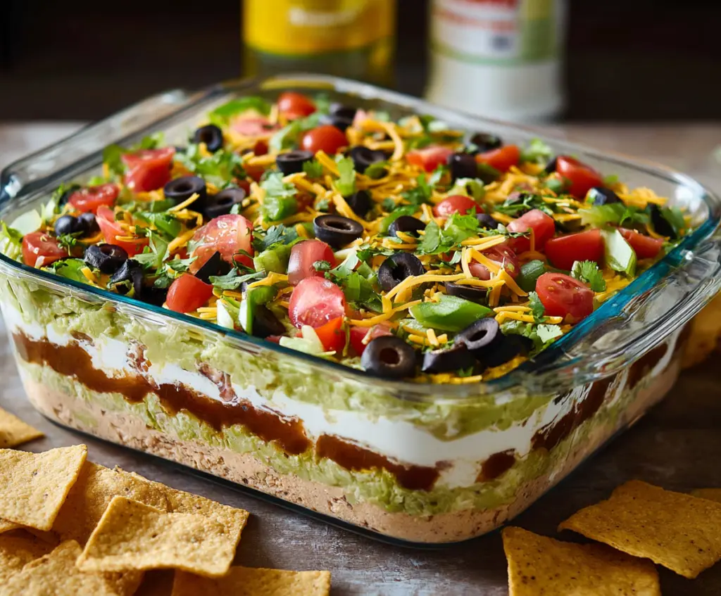 Delicious 7 Layer Dip with colorful ingredients including beans, cheese, and vegetables served in a bowl.