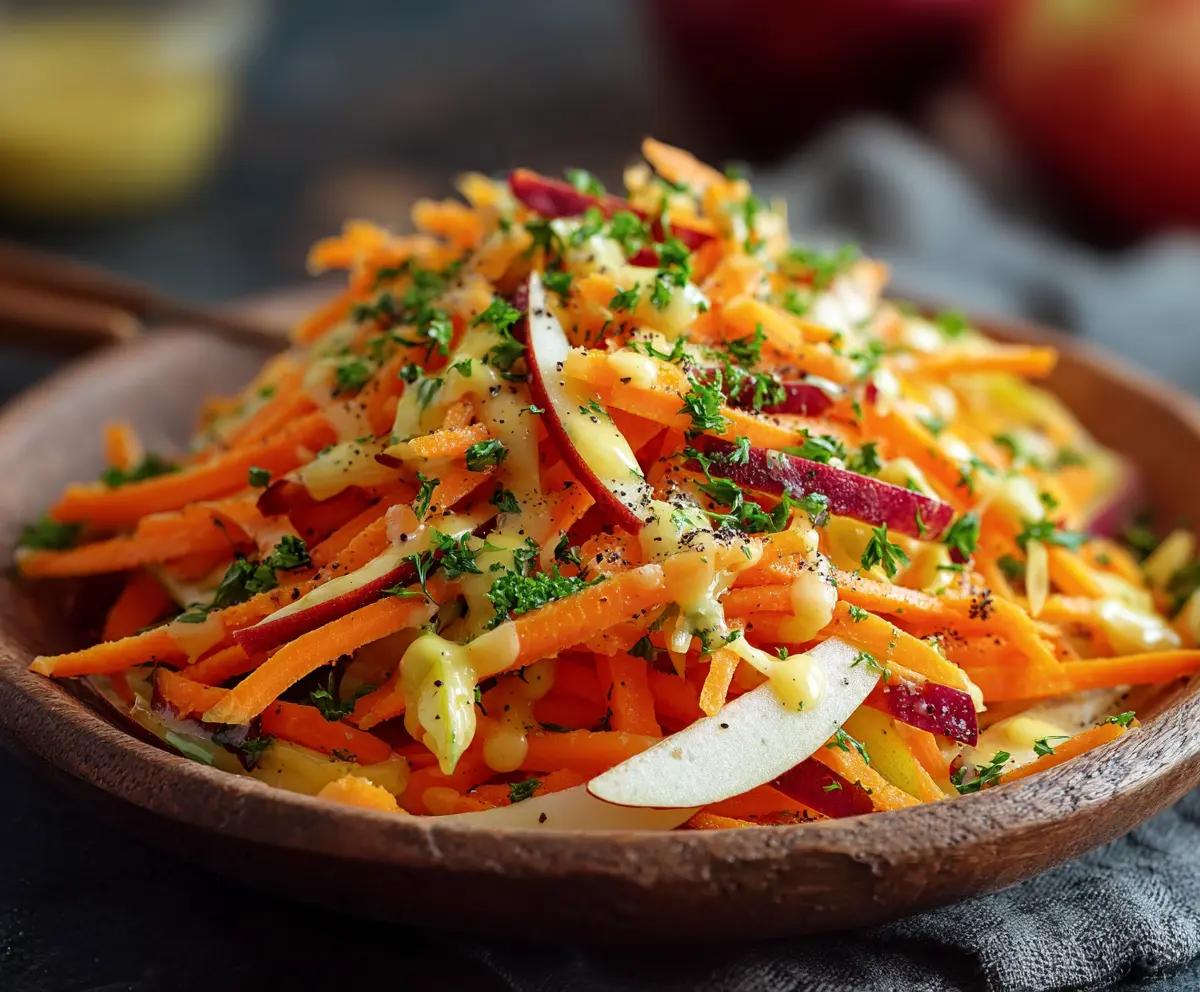 Fresh apple and carrot salad with creamy citrus dressing on a white plate.