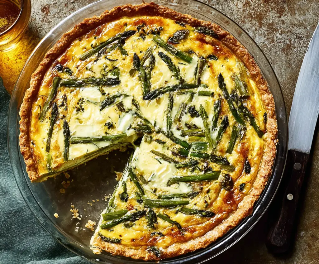 Delicious asparagus and Gruyère cheese quiche on a rustic wooden table, perfect for brunch.