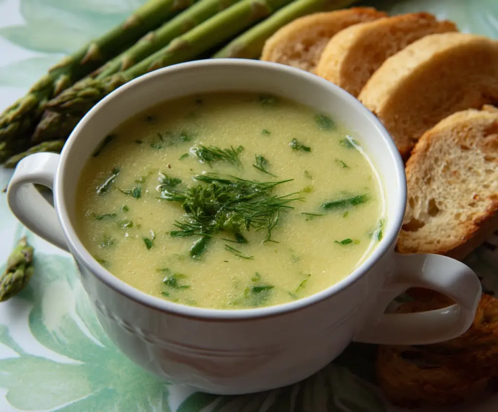 Creamy asparagus and leek soup served in a bowl, perfect for a healthy meal.