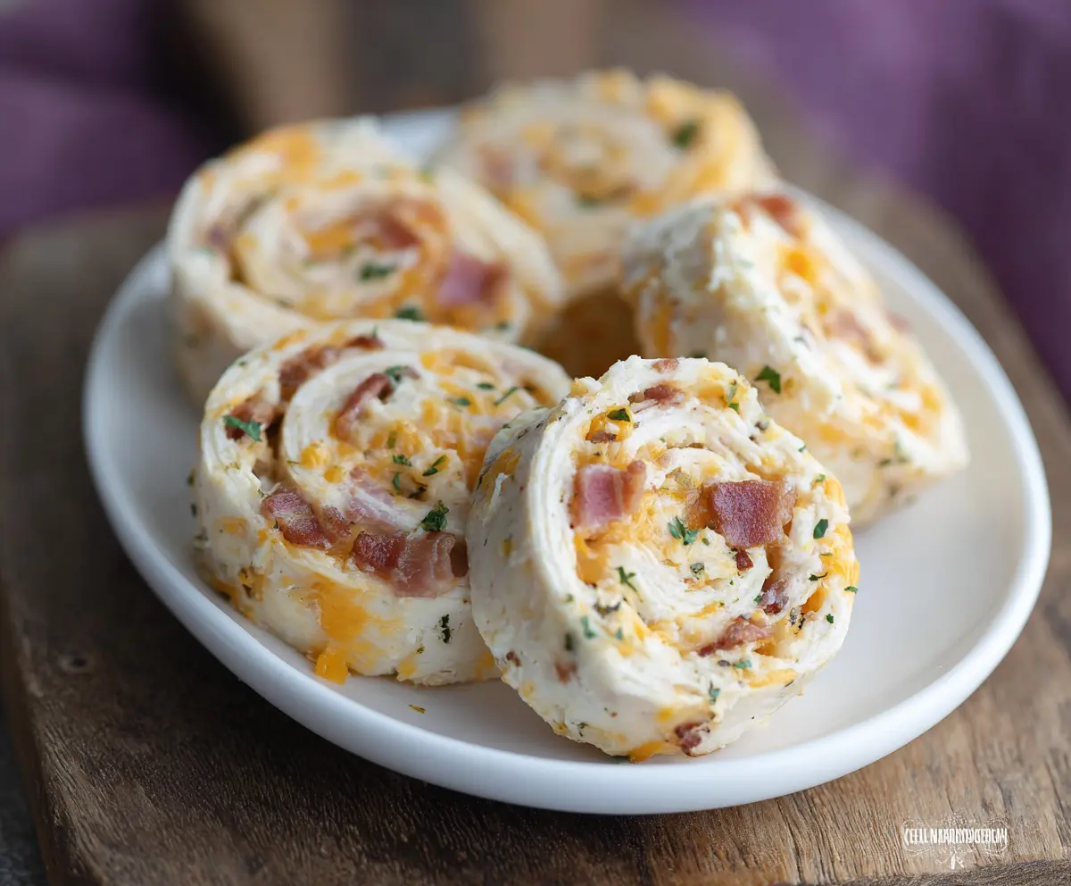 Savory Bacon Cheddar Ranch Pinwheels sliced and arranged on a plate, showcasing crispy bacon, melted cheddar cheese, and green herbs.