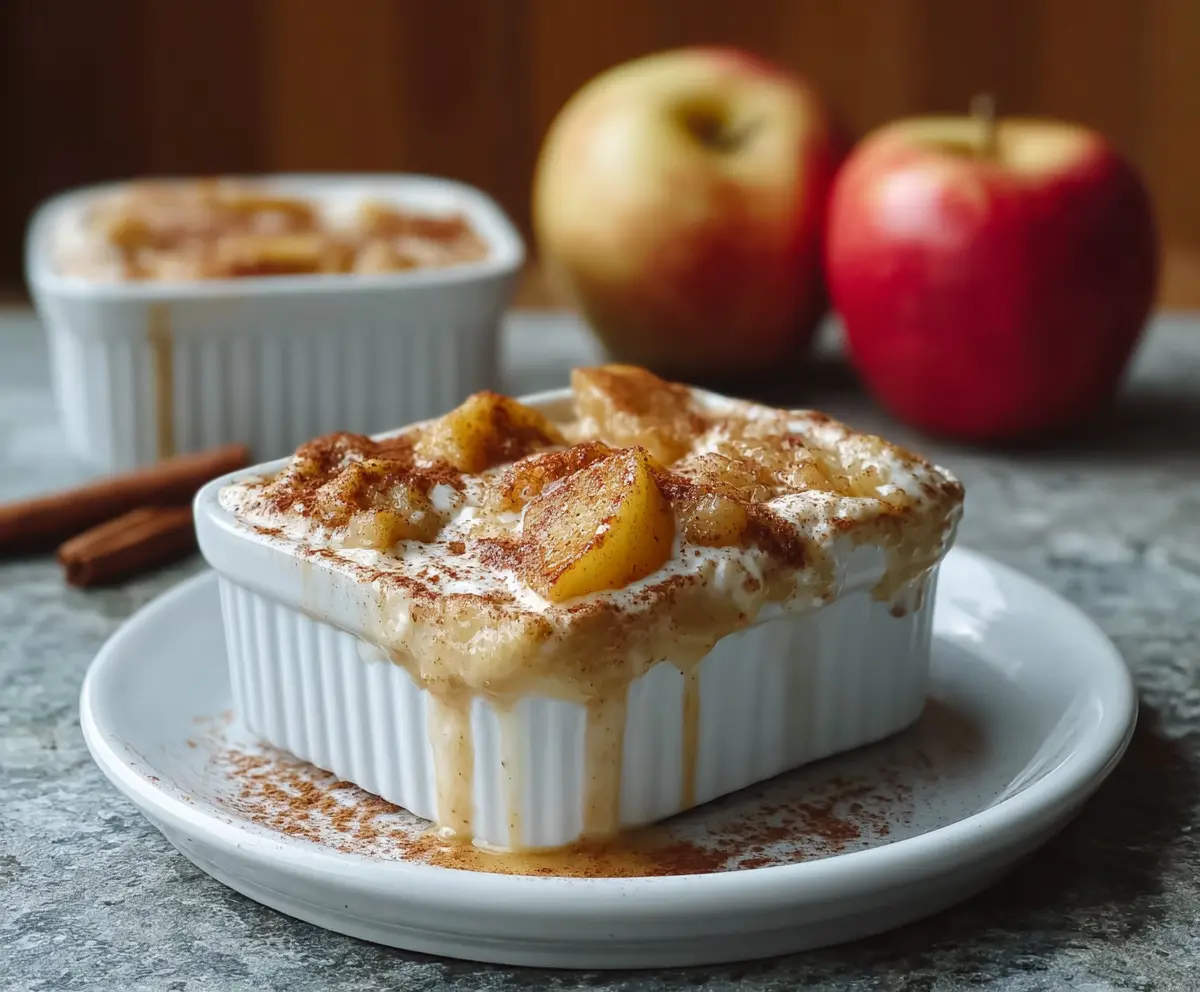 Healthy baked apple cinnamon cottage cheese breakfast served in a white bowl, garnished with fresh cinnamon and apple slices.