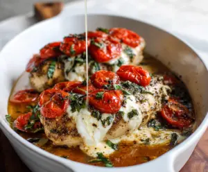 Delicious baked Caprese chicken with melted mozzarella cheese, ripe tomatoes, and fresh basil on a white plate.