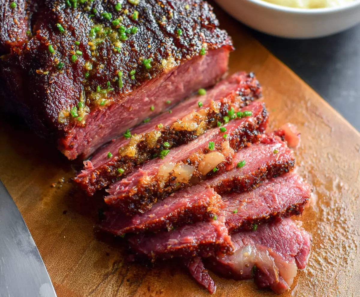 Delicious baked corned beef served with crispy vegetables on a plate