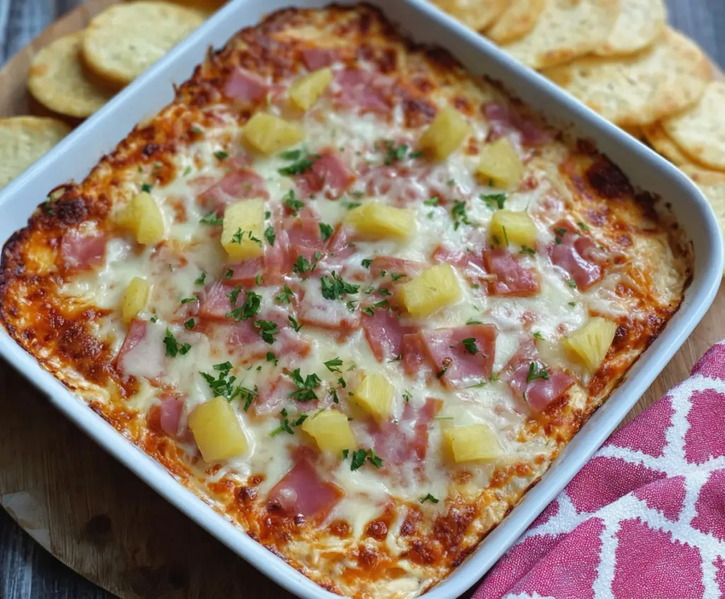 Delicious baked Hawaiian pizza dip with melted cheese, ham, pineapple, and green onions served in a baking dish.