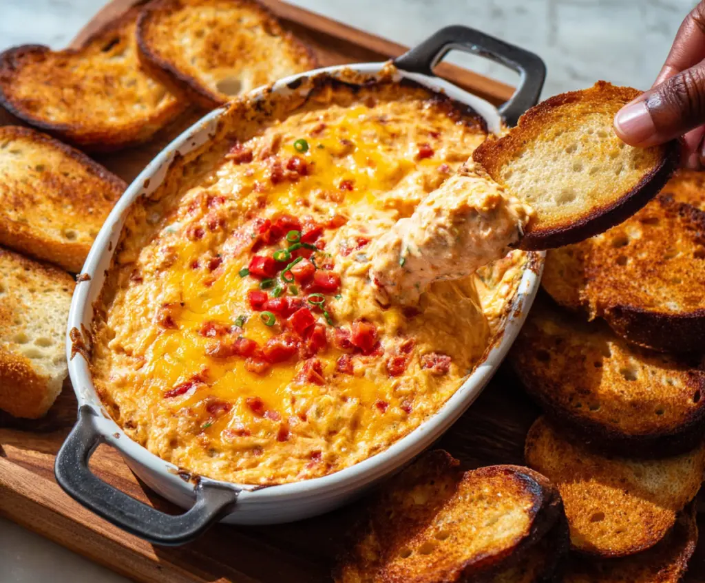 Delicious baked pimento cheese dip served hot with crispy crackers on a wooden platter.