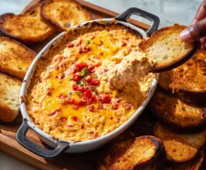 Delicious baked pimento cheese dip served hot with crispy crackers on a wooden platter.