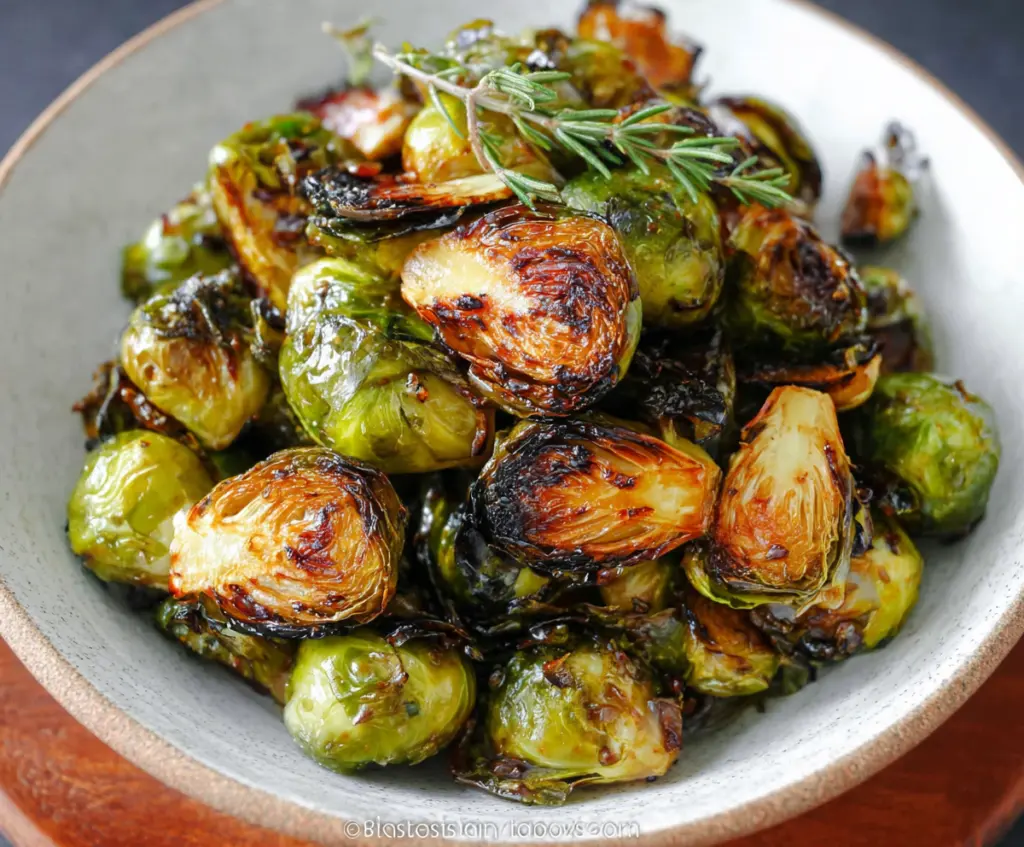 Delicious roasted Brussels sprouts drizzled with balsamic glaze for a flavorful side dish