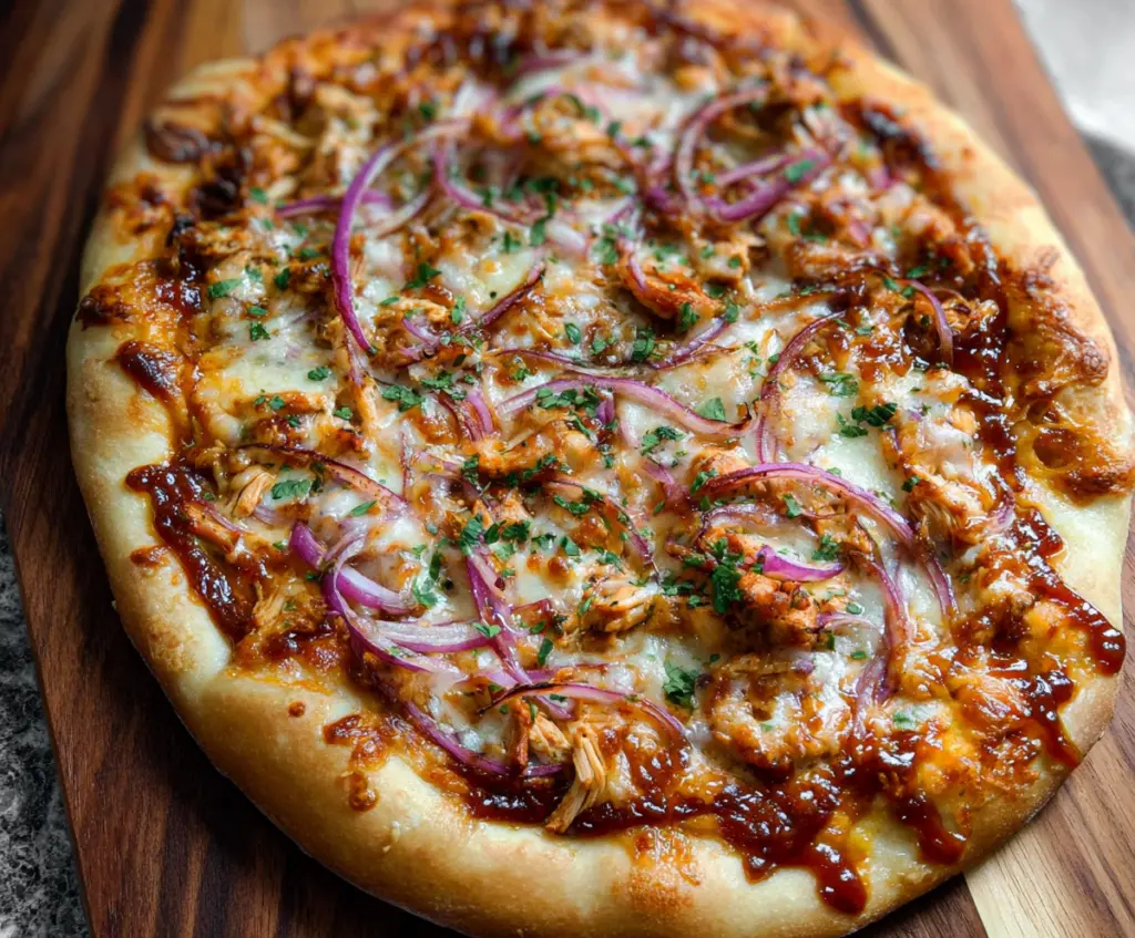 Delicious BBQ chicken pizza topped with cheese, barbecue sauce, and fresh herbs.