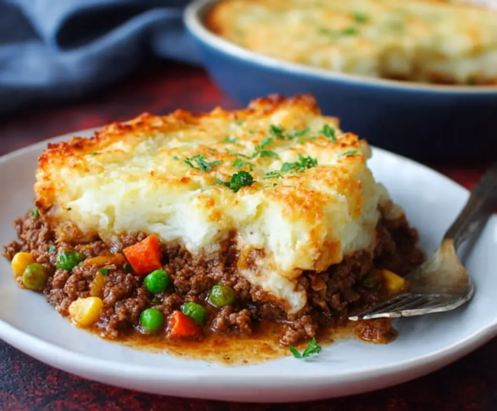 Delicious homemade Beef Shepherd's Pie with mashed potatoes and seasoned ground beef in a baking dish.
