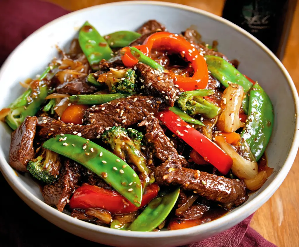 Delicious beef stir fry with colorful vegetables served in a bowl.