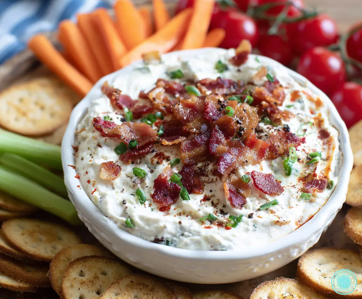 Cream cheese BLT dip with crispy bacon, lettuce, and tomato served as a savory appetizer.